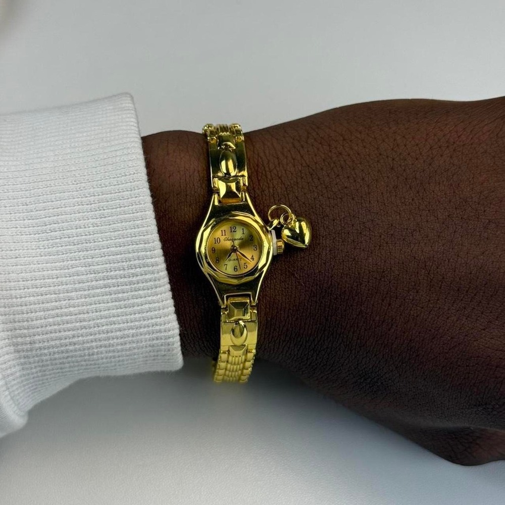 Gold Charm Bracelet Watch Heart Bow Detail Gold Tone 7 Inch Fit